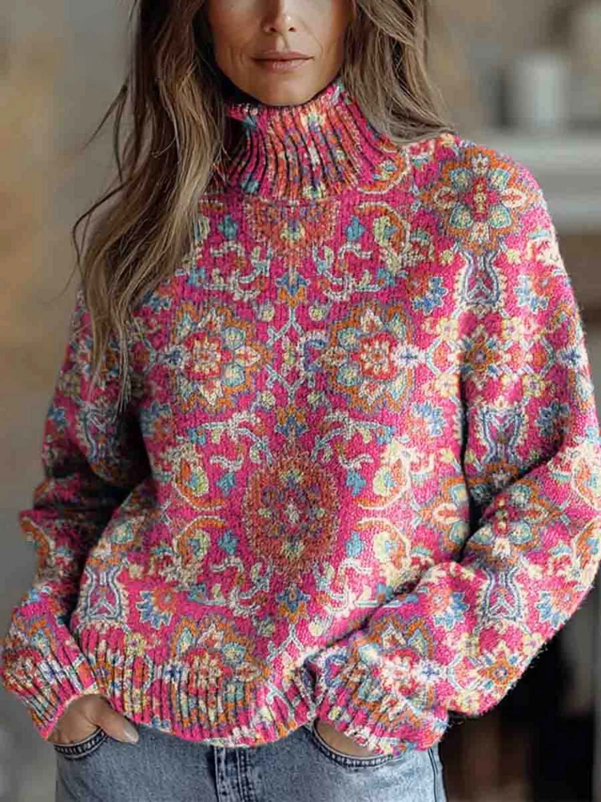 Mariola™ | Sweter z Artystycznym Wzorem i Wysokim Kołnierzem