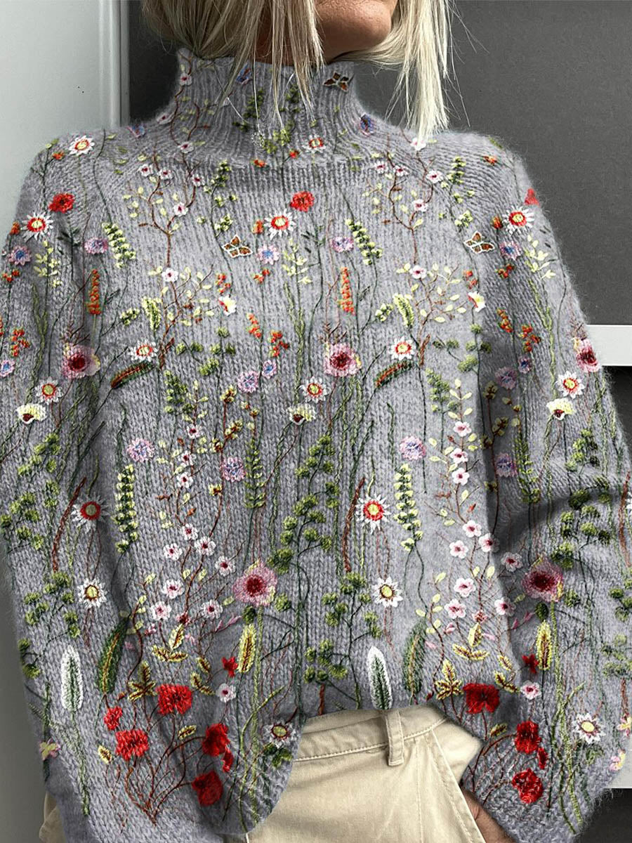 Ewelina™ | Sweter z Haftowanym Motywem Kwiatowym