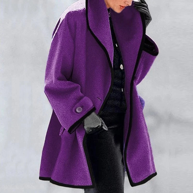 Marlena™ | Stylowy Asymetryczny Płaszcz z Kontrastową Lamówką